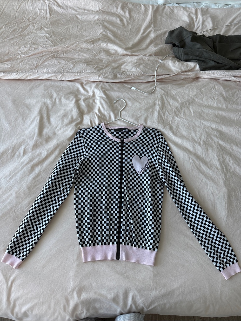 Love Moschino Black-and-White Checkerboard Zip Cardigan with Pink Trim
